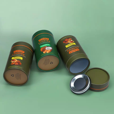 Eco-vriendelijke ronde kartonnen poedercontainer Cookie Coffee Bean Food Paper Tube met metalen deksel
